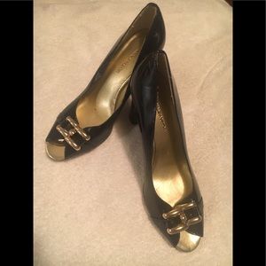 Ann Taylor pumps black and gold shoes.